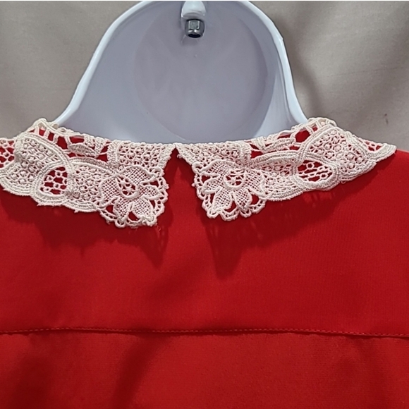 Pedder Street Vintage 80s Lace Collar Pleated Red Button Down Blouse - Picture 8 of 10